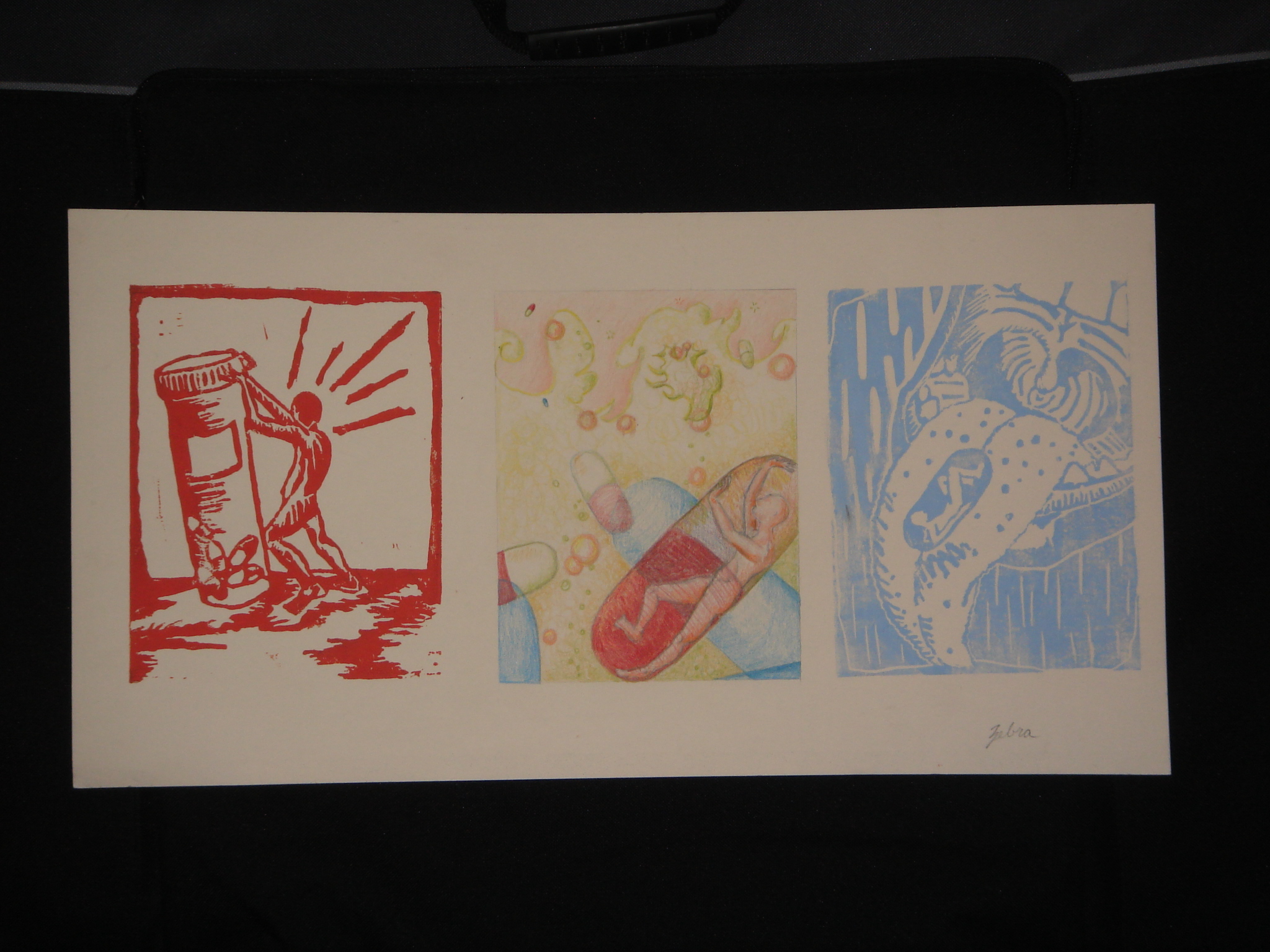 soft block carving and colored pencil on paper (March 2009)